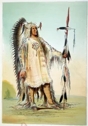 Indianer Amerikas: Mah-To-Toh-Pa (Mah To Toh Pa), zweiter Mandan-Häuptling in Häuptlingskleidung. Illustration von George Catlin (1794-1872)