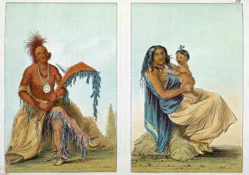 Indianer Amerikas: Porträt eines Häuptlings der Osage namens Clermont mit seiner Frau und seinem Sohn. Illustration von George Catlin (1794-1872)