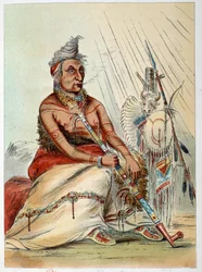 Indianer Amerikas: Porträt eines alten, seine Pfeife rauchenden Indianerhäuptlings namens Der schwarze Mokassin. Illustration von George Catlin (1794-1872)