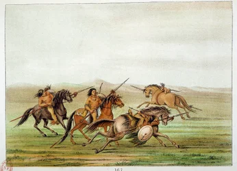 Indianer Amerikas: Kriegerkommandanten beim Training zu Pferd. Illustration von George Catlin (1794-1872)