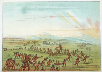 Indianer Amerikas: Jagdunterricht für Mandan-Kinder zwischen 7 und 15 Jahren. Illustration von George Catlin