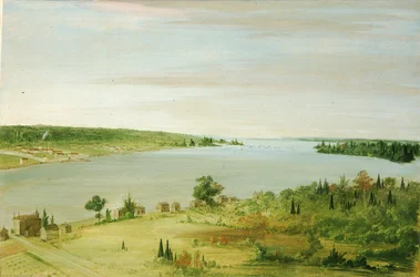 Sault Ste. Marie, mit der Garnison der Vereinigten Staaten in der Ferne, 1836-1837