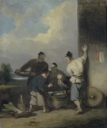 Kulis um den Stand des Lebensmittelhändlers, nach 1825