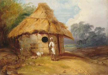 Ansicht in Südindien, mit einem Krieger vor seiner Hütte, ca. 1815