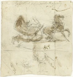 Karikatur von Selbst (recto); Kutsche von einem Pferd geworfen, mit anderen Skizzen (verso)