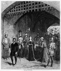 Feckenham bietet Lady Jane Grey auf ihrem Weg zum Prozess eine Begnadigung an, 1553-1840