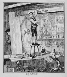 Jack ritzt seinen Namen in einen Balken im Laden seines ehemaligen Arbeitgebers, Illustration aus 