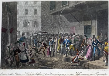 Der Eingang zur Oper in Paris - in „Life in Paris“ von David Carey, ill. von Georges Cruikshank, hrsg. von Faiburn, London