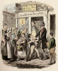 Nancy und Sikes entführen Oliver auf der Straße - Oliver wird von seinen liebevollen Freunden beansprucht - Illustration für „Oliver Twist“ (Die Abenteuer von Oliver Twist) von Charles Dickens (1812-1870), von George Cruikshank (1792-1878).