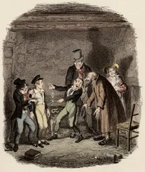 Oliver Twist wird von alten Fagin und seiner Bande empfangen - Oliver wird von Fagin und den Jungen empfangen - Illustration für „Oliver Twist“ (Die Abenteuer von Oliver Twist) von Charles Dickens (1812-1870), von George Cruikshank (1792-1878).