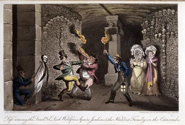 Spaziergang in den Katakomben (in „Leben in Paris“ von David Carey, illustriert von Georges Cruikshank, herausgegeben von Faiburn, London)