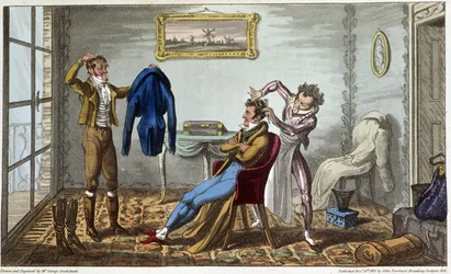 Schneider und Friseur zu Hause - in „Life in Paris“ von David Carey, ill. von George Cruikshank, ed. Fairburn, London