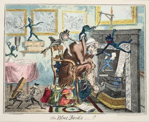 Die blauen Teufel, veröffentlicht 1835 (handkolorierte Gravur)