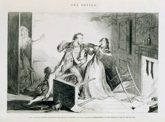 Die Flasche, Platte VI, Furchtbare Streitigkeiten und brutale Gewalt sind die natürlichen Folgen des häufigen Gebrauchs der Flasche, 1847