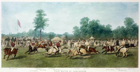 Polospiel in Hurlingham zwischen den Horse Guards (Blau) und dem Monmouthshire-Team, 7. Juli 1877