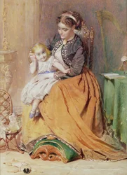 Tick, Tick, Tick - ein Mädchen sitzt auf dem Schoß ihrer Mutter und hört ihre goldene Uhr ticken, 1867