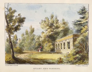 Vogelhaus, Kew Gardens, Tafel 10 aus Kew Gardens: Eine Serie von vierundzwanzig Zeichnungen auf Stein, graviert von Charles Hullmandel (1789-1850), veröffentlicht 1820