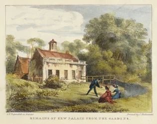 Überreste des Kew Palace aus den Gärten, Tafel 6 aus Kew Gardens: Eine Serie von vierundzwanzig Zeichnungen auf Stein, graviert von Charles Hullmandel, veröffentlicht 1820
