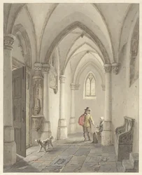 Kircheninterieur mit einem Mann, der einer Bettlerin ein Almosen gibt