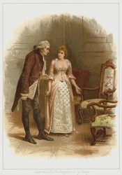 Sophia, Lady Newdegate, und Sir Roger (Farblithografie)