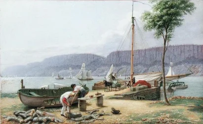 Nachmittag - Hastings Landing. Palisade Rocks im Schatten, New York, ca. 1836