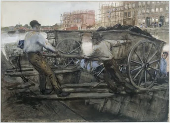 Arbeiter ziehen einen schwer beladenen Wagen auf der Jacob van Lennepkade, Amsterdam