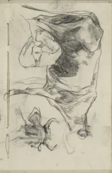 Melkender Bauer und ein Kuhkopf