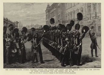 Die Scotch Fusilier Guards paradieren vor Ihrer Majestät der Königin und dem Prinzgemahl am Morgen ihrer Einschiffung für die Krim, 28. Februar 1854