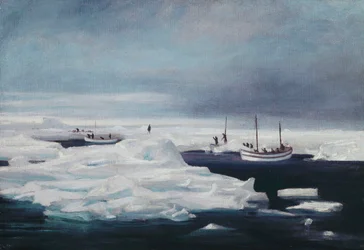 Die James Caird, Dudley Docker und Stancomb Wills an der Eisscholle im Weddellmeer, April 1916