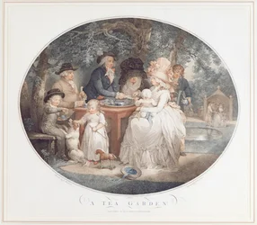 Ein Teegarten, Farbstich nach Morland von Francois David Saron (geboren 1764)