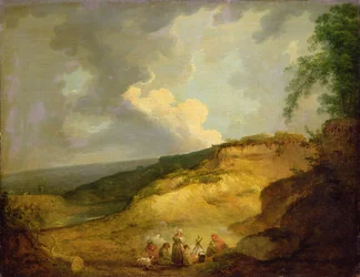 Eine weite bergige Landschaft mit einem Zigeunerlager im Vordergrund