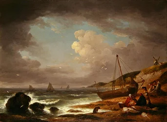 Küstenszene mit Männern, die ein Boot reparieren
