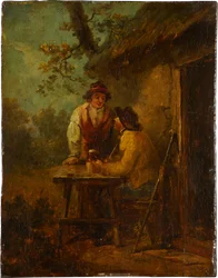 Bauern vor einer Hütte