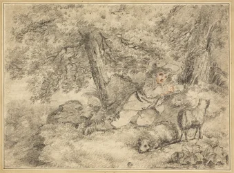 Hirtenjunge mit Lämmern im Wald