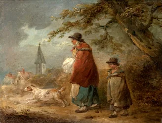 Frau, Kind und Hund auf einer Straße