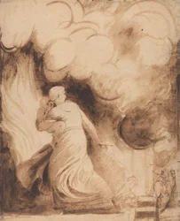 Eine Mutter mit ihrem Kind in den Armen flieht über die Wälle einer brennenden Stadt (Lady Hamilton als "Andromache" flieht aus dem brennenden Troja; Das Feuer)