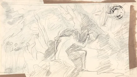 Nackter Mann in einer felsigen Wildnis mit entfernten Figuren