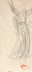 Stehende Figur mit erhobenen Armen, wahrscheinlich Prospero