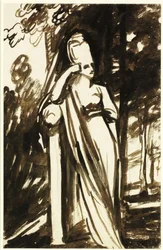 Stehende Frau an einer Stele