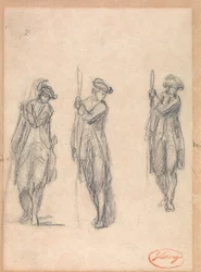 Drei Skizzen eines Mannes in Uniform