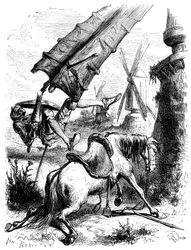 Kampf gegen die Windmühlen: Don Quixote und Rossinante werden vom Flügel einer Mühle zu Boden geworfen