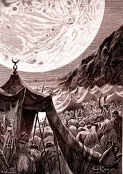 Der Mond in der Wüste von Nubien, SUDAN. Muslime beten. 1888 (Stich)