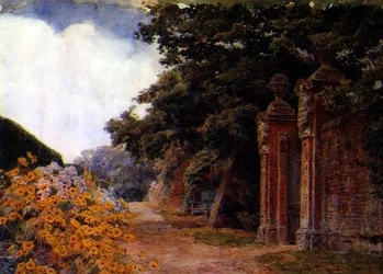 Ein Gartenrand mit einer Mauer und einem Tor