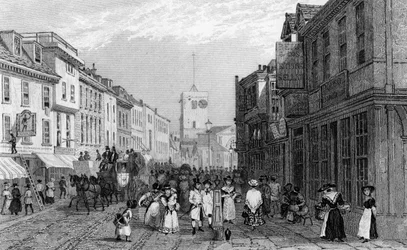 Markttag in Dartford, Kent, graviert von Henry Adlard, ca. 1830
