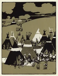 Am Abend kamen sie zu einem Lager (Farblithografie)