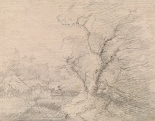 Landschaft mit Fußbrücke und großem Baum