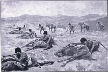 Ein Kosake und sein Pferd: eine Vorrichtung zur Deckung während eines Gefechts, Illustration aus Cassells Geschichte des Russisch-Japanischen Krieges Band 1, ca. 1900