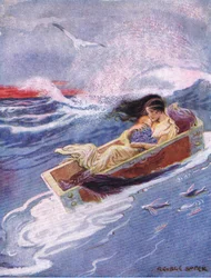 Fort und hinaus aufs Meer trieben die Mutter und das Baby, aus Die Helden, veröffentlicht von George Allen und Unwin 1929
