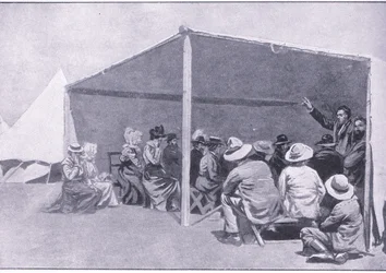 Gottesdienst in einem Buren-Flüchtlingslager, aus After Pretoria: Der Guerillakrieg veröffentlicht von Harmsworth Bros Limited, 1901