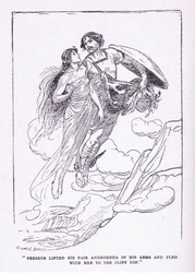Perseus hob seine schöne Andromeda in seine Arme und floh mit ihr zu den Klippen, aus The Heroes, veröffentlicht von George Allen und Unwin 1929